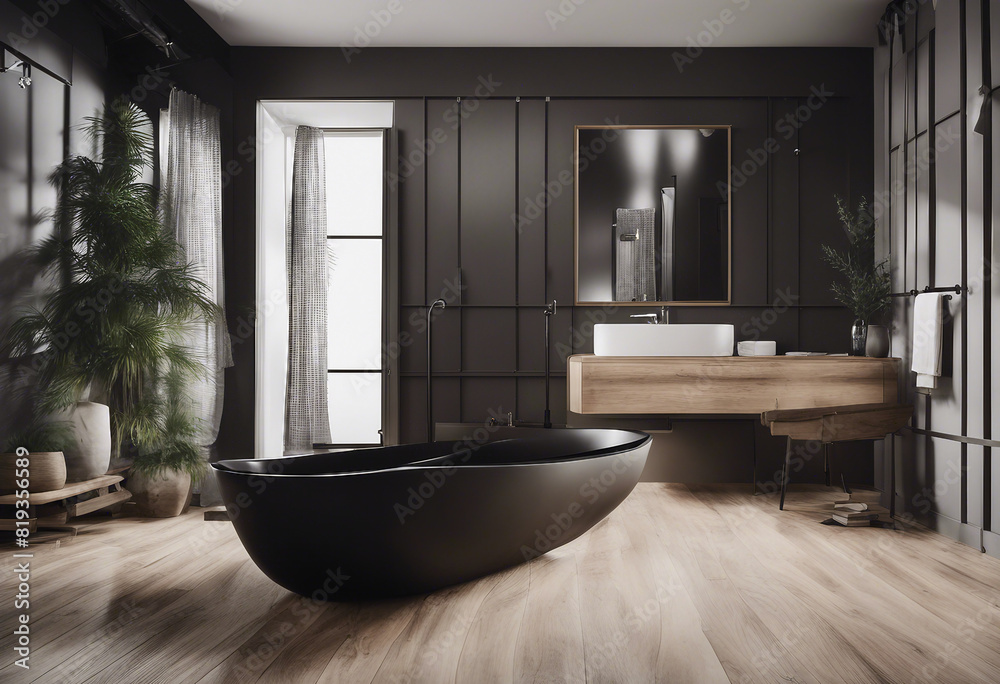 Black and wooden bathroom white tub