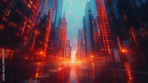 Create a digital painting of a cyberpunk city street with skyscrapers  neon lights  and rain