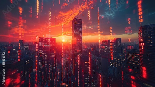 A digital city bathed in the warm glow of the setting sun