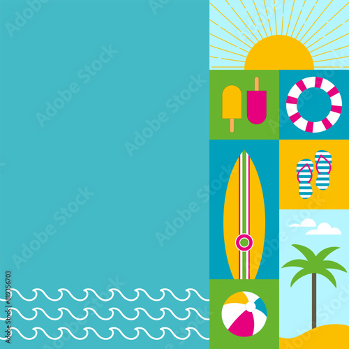 Sommerliche Karte mit Sonne, Palme, Strand, Meer, Surfbrett und Flip-Flops. Freier Platz für Text.