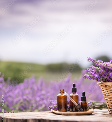 Amber essential lavender oil bottle. Violet lavendar field in Provence. © Kotkoa