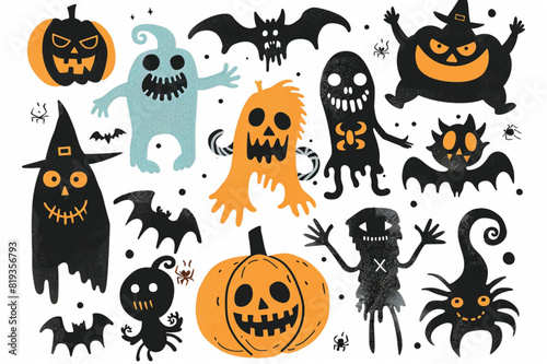 Vector set of cute cartoon monsters for trick or treat Halloween design set vector icon, white background, black colour icon