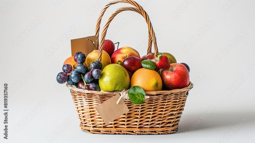 A beautiful wicker basket filled with fresh fruits, including apples, oranges, grapes, and pears. The perfect gift for any occasion! A beautiful wicker basket filled with fresh fruits, including apples, oranges, grapes, and pears. The perfect gift for any occasion!