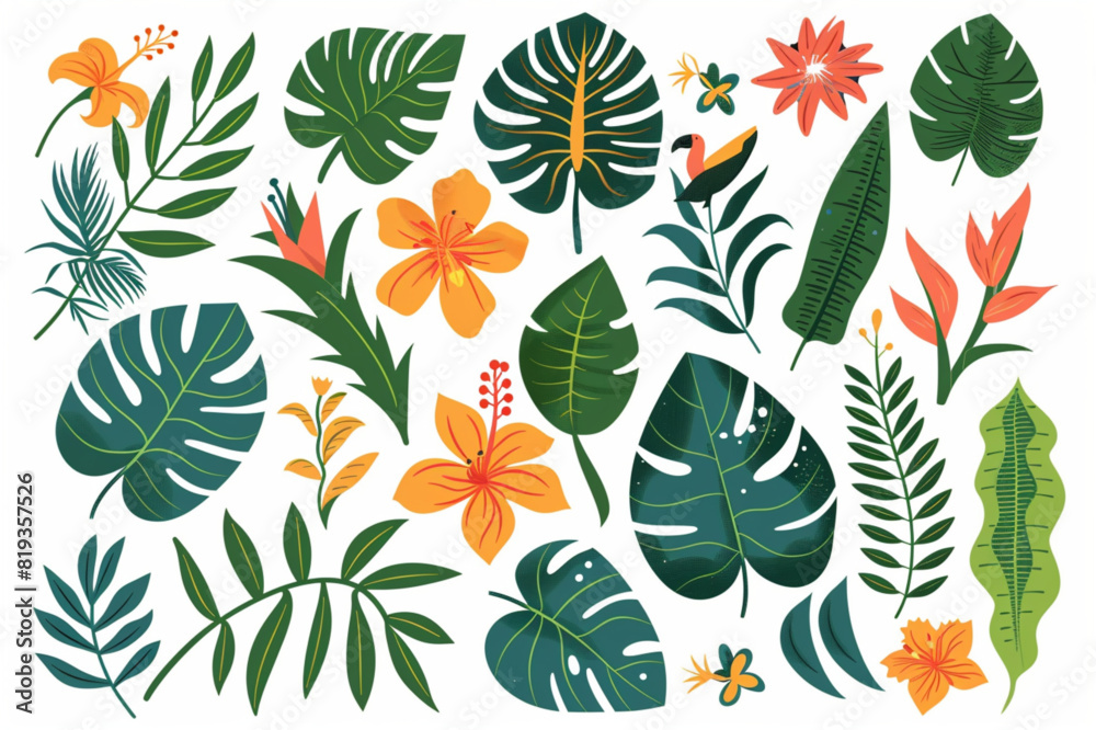 Abstract collage seamless pattern of tropical jungle leaves and flowers. Bright colourful vector design. set vector icon, white background, black colour icon