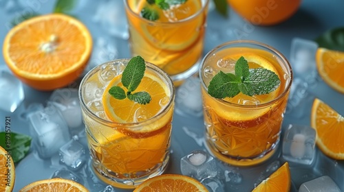 Fresh orange juice in glasses, cubes of ice and slice of fruits on blue table.