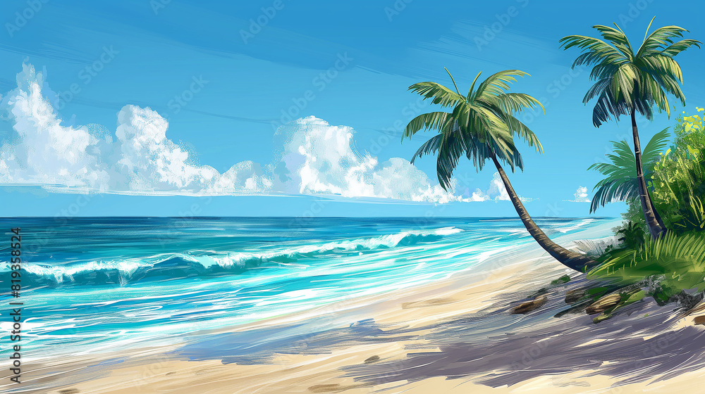 Designation of a background featuring a tropical beach where golden sands meet the crystal-clear blue waves, with tall palm trees swaying gently in the breeze, evoking a sense of relaxation