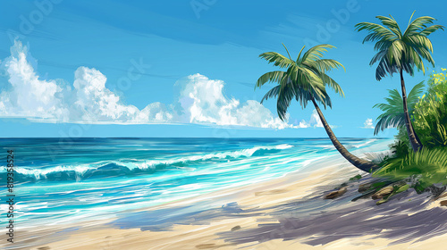 Designation of a background featuring a tropical beach where golden sands meet the crystal-clear blue waves  with tall palm trees swaying gently in the breeze  evoking a sense of relaxation