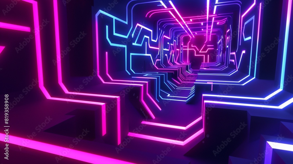 A neon labyrinth twisting and turning through a dark void, its corridors alive with pulsating patterns and shifting colors. A neon labyrinth twisting and turning through a dark void, its corridors alive with pulsating patterns and shifting colors.