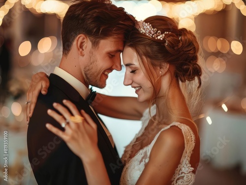 A bride and groom dancing at their wedding reception, detailed attire and emotional moments, promoting weddings and special occasions