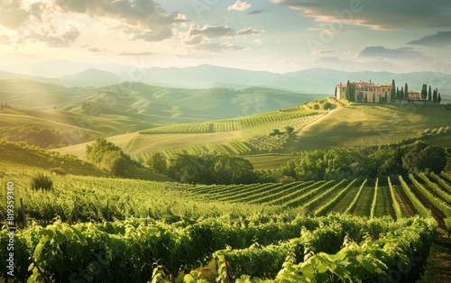 Rolling Tuscan hills with a scenic vineyard and a classic villa.