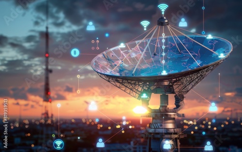 Satellite dish against a twilight sky overlaid with futuristic digital icons.