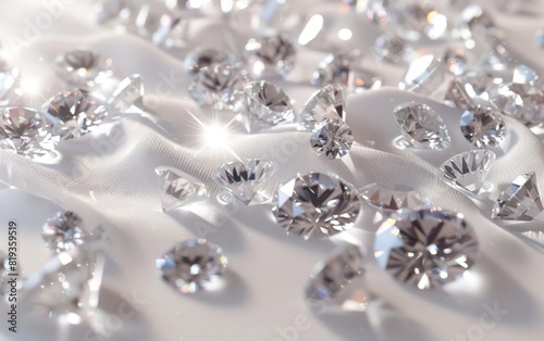 Scattered, sparkling, variously cut diamonds on a white background.