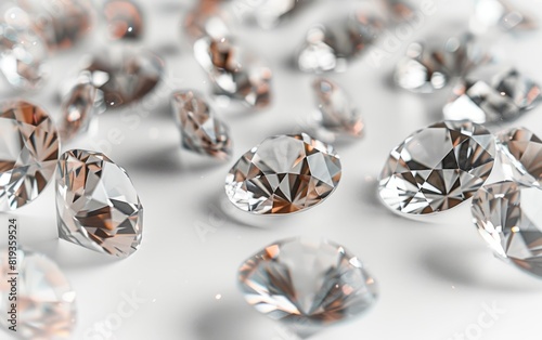 Scattered  sparkling  variously cut diamonds on a white background.
