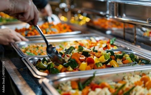 Serving mixed vegetables from a buffet onto a white plate.