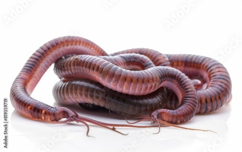 Several intertwined earthworms on a white background. © OLGA