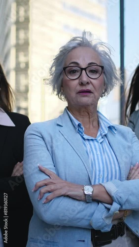 Vertical. Portrait of only mature Caucasian business women in formal suits posing serious with arms crossed looking confident at camera. Empowered and successful female entrepreneurs powerful outdoors photo
