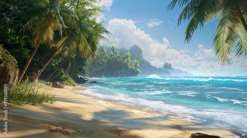 realistic like a background featuring a tropical beach where golden sands meet the crystal-clear blue waves