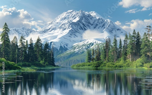 Snowy mountain towering over a reflective alpine lake and lush green forest.