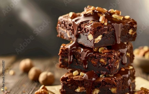 Stack of fudgy brownies with nuts, drizzled in rich chocolate sauce.