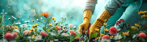 A gardener planting flowers in a vibrant garden, detailed plants and gardening tools, promoting outdoor hobbies and nature