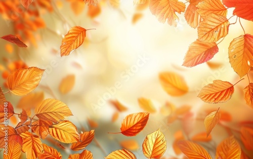 Sunlit autumn leaves with warm golden and orange hues.