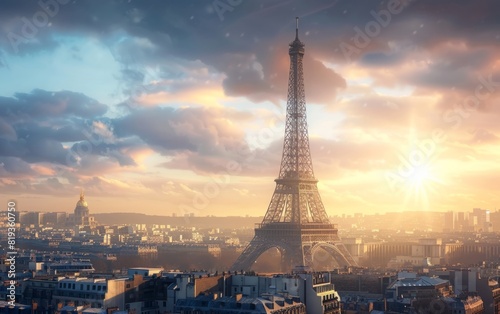 Sunlit Eiffel Tower against a cloudy sky, towering over the cityscape.