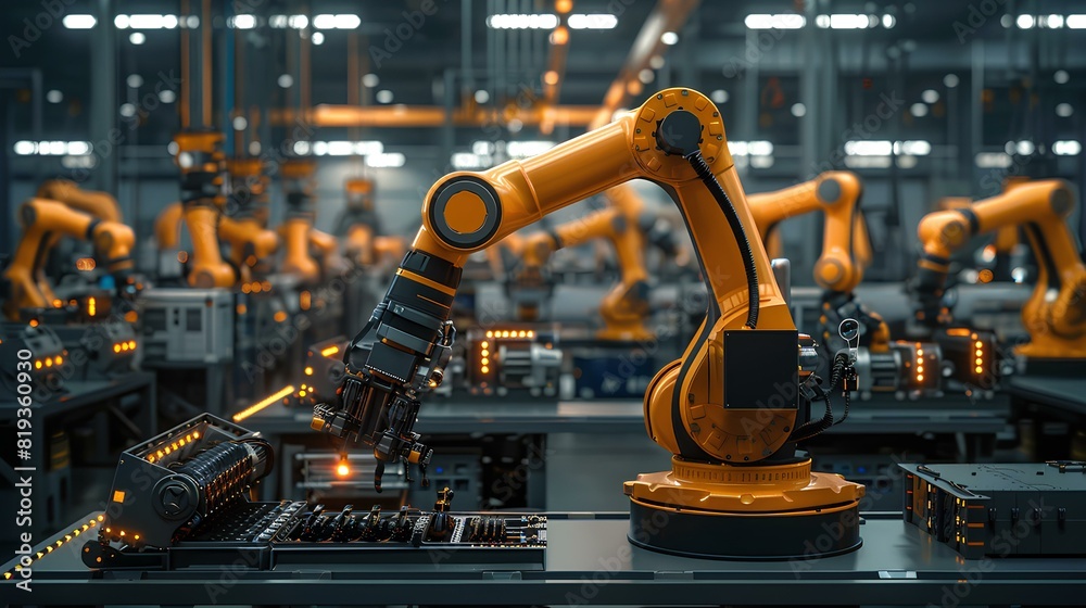 Robotic Assembly Line in High-Tech Factory,A row of yellow industrial robots performing tasks on a high-tech assembly line in a modern factory setting.

