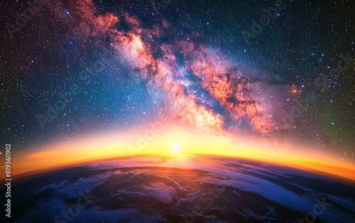 Sunrise over Earth with a starry Milky Way galaxy backdrop.