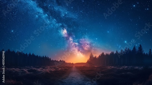 Fantasy night sky with milky way. Surreal night sky with the Milky Way s radiant colors casting a celestial glow over a silent. 
