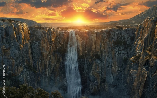 Sunset over a cascading waterfall flanked by rugged cliffs. photo