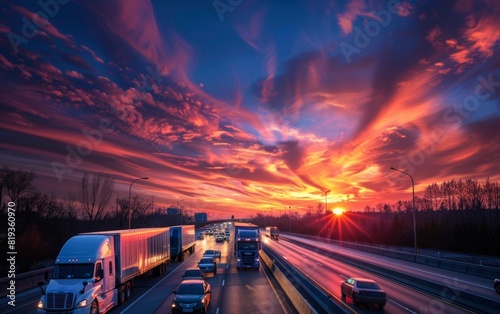 Sunset over a highway with trucks and cars under a vibrant sky.