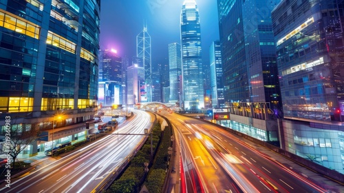 busy city street with skyscrapers and lights at night 