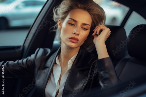 Serious business woman sitting in a car in traffic jam © alisaaa