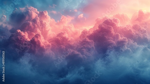 Expansive view of fluffy clouds in a bright blue sky.