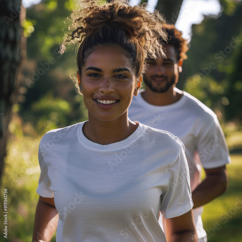 young woman and man in t-shirts jogging in the park