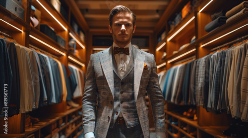 sophisticated well dressed man walking into his luxury, neatly organized, modern walk in closet © Luluraschi