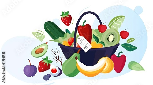 A variety of fruits and vegetables are arranged in a basket. The fruits and vegetables are all fresh and colorful. The basket is made of wicker and has a brown handle.