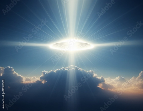 Unidentified flying object UFO, unidentified anomalous phenomenon UAP, is perceived airborne, submerged or transmedium atmospheric phenomena that cannot be identified or explained. Glowing rays. AI photo