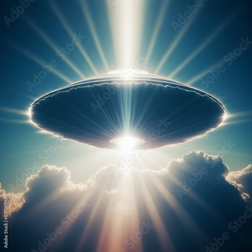 Unidentified flying object UFO, unidentified anomalous phenomenon UAP, is perceived airborne, submerged or transmedium atmospheric phenomena that cannot be identified or explained. Glowing rays. AI