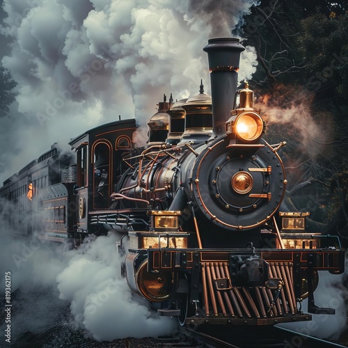 Detailed textures of a vintage steam train in motion, promoting history, engineering, and nostalgia
