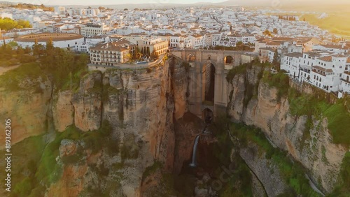 Aerial view of the Ronda medieval town at sunrise, Andalusia, Spain
