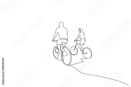 couple woman man bike ride together love outside back view one line art design vector
