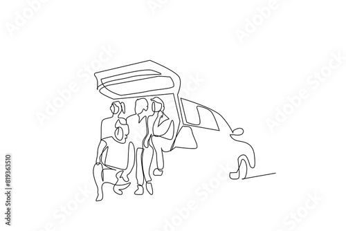 people friends car travel summer vacation together happy pose life one line art design vector