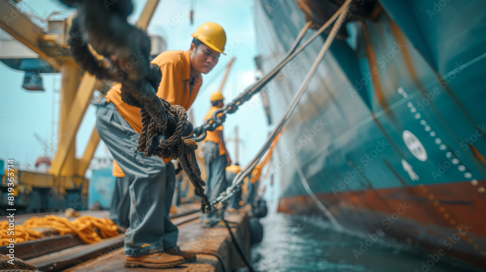 Close-up of dockworkers securing cargo on a ship, emphasizing teamwork and precision.