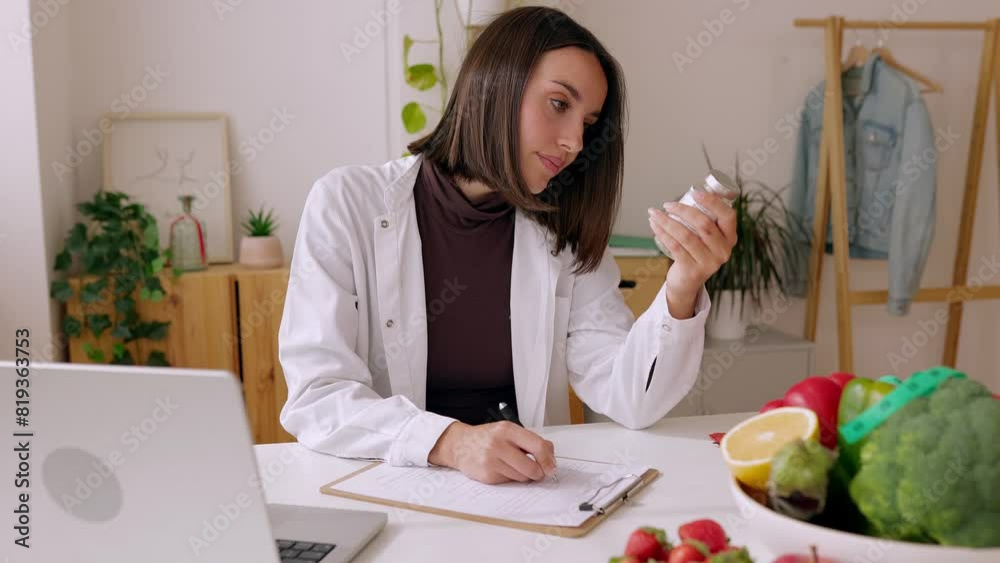 Young nutritionist woman sitting at desk with fruit and vegetables working on diet plan preparing medical prescription for patient at consultation room. Healthy eating and nutrition concept. Young nutritionist woman sitting at desk with fruit and vegetables working on diet plan preparing medical prescription for patient at consultation room. Healthy eating and nutrition concept.