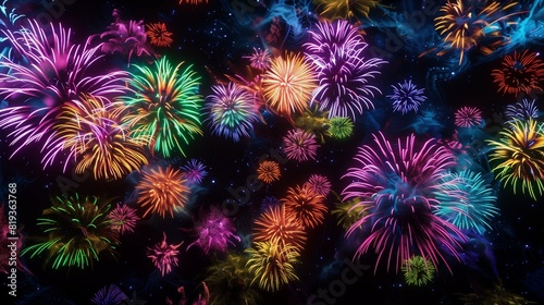 A psychedelic explosion of neon fireworks against a velvety black sky  painting the heavens with an array of mesmerizing patterns.