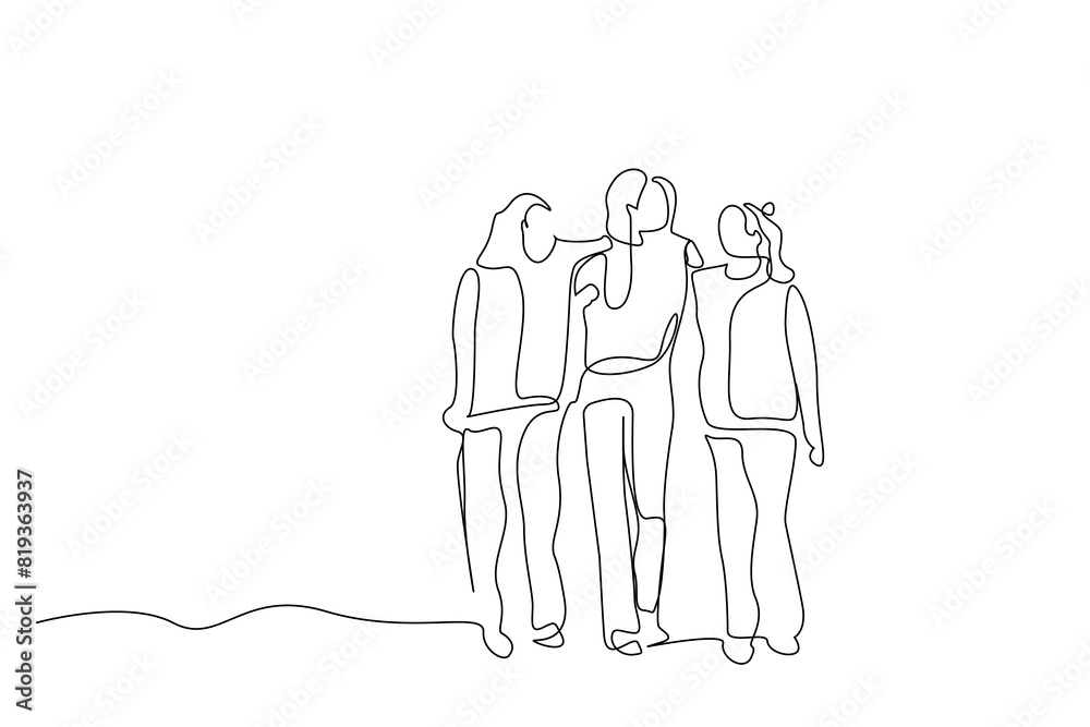 three female friends hugging walking outside one line art design vector three female friends hugging walking outside one line art design vector