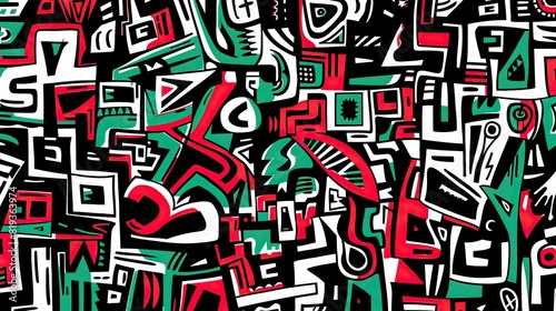 black and white sketch  cubism  tint of green  abstract squares  vibrant  chaos 8K  anatolian carpet motives