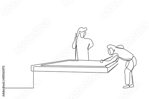 people friends playing billiards having fun lifestyle one line art design vector