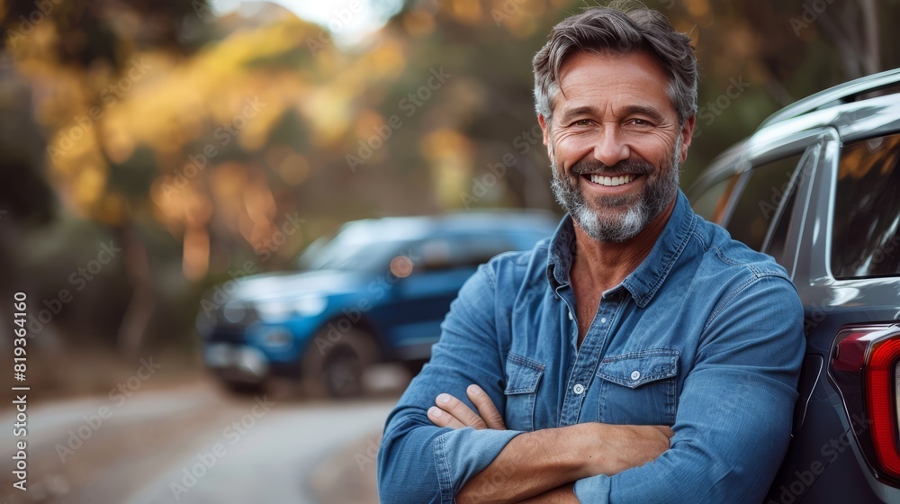 A happy 50 years old man standing, smiling and looking at the camera with an expression of satisfaction. He is wearing casual such as jeans or blue shirt A happy 50 years old man standing, smiling and looking at the camera with an expression of satisfaction. He is wearing casual such as jeans or blue shirt